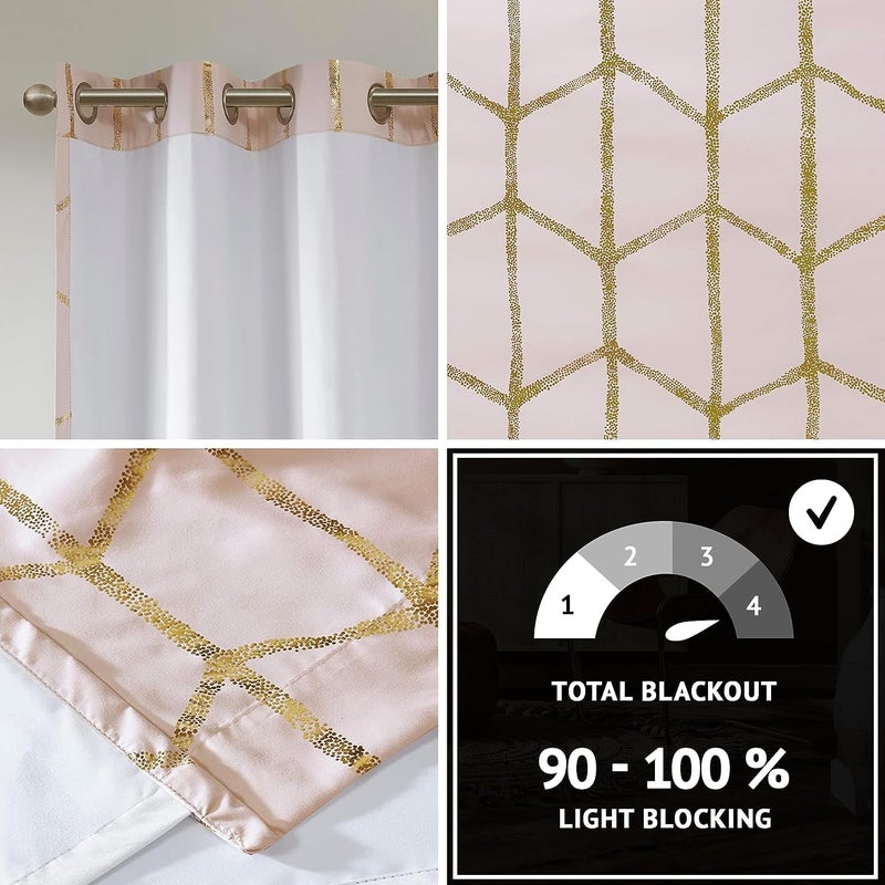 Intelligent Design Blackout Window Curtain, Light Blocking Curtains for Living Room, Thermal Insulated Window Panel with Metallic Print and Grommet Top, 50"x84", Blush/Gold, 1 Piece - Image 2
